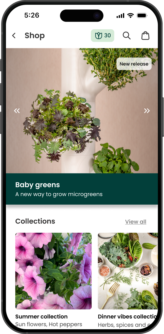 Gardyn shop: search entry and plant browsing.